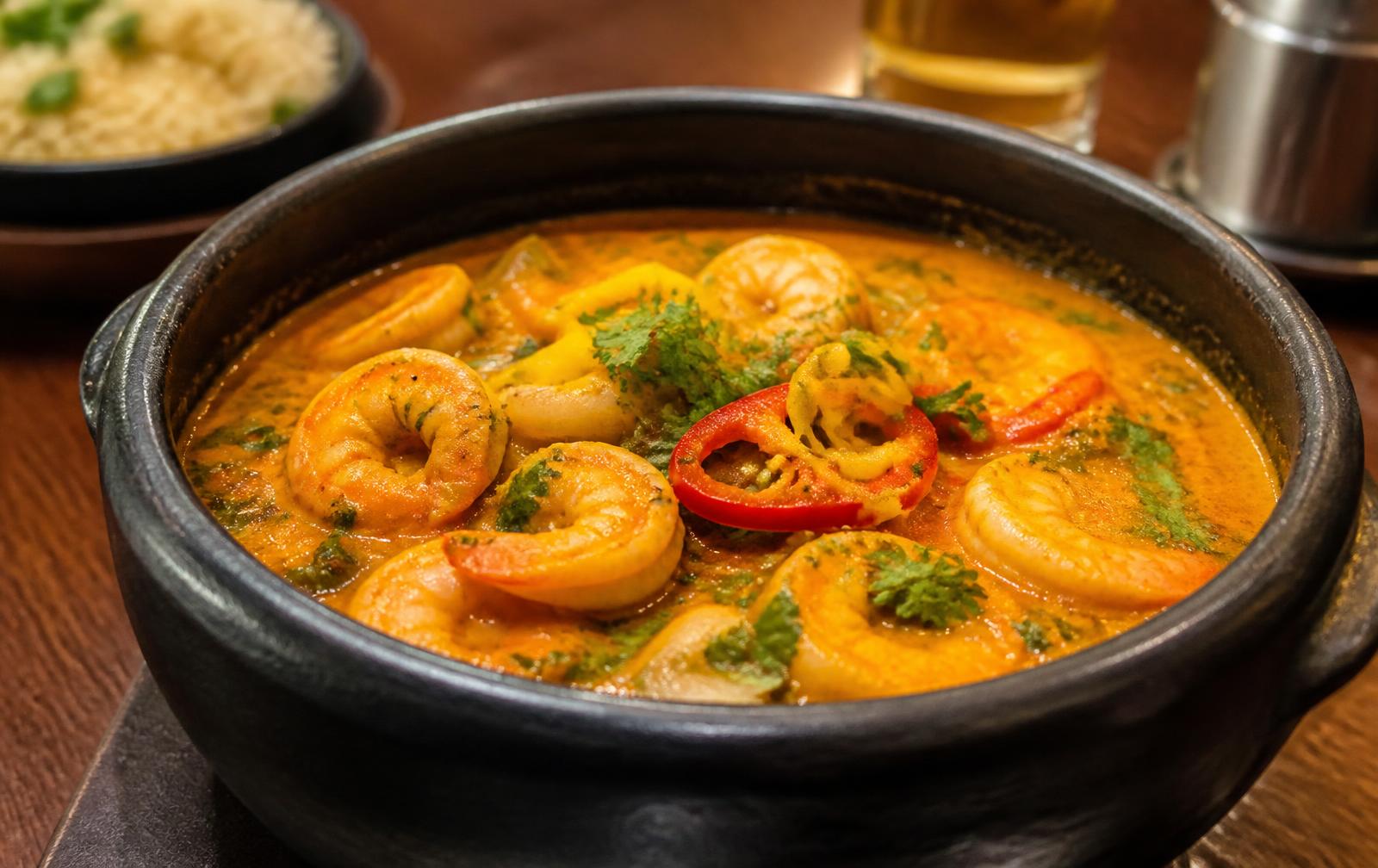 Moqueca de camarão servida na panela de barro no Restaurante Bahiamarela