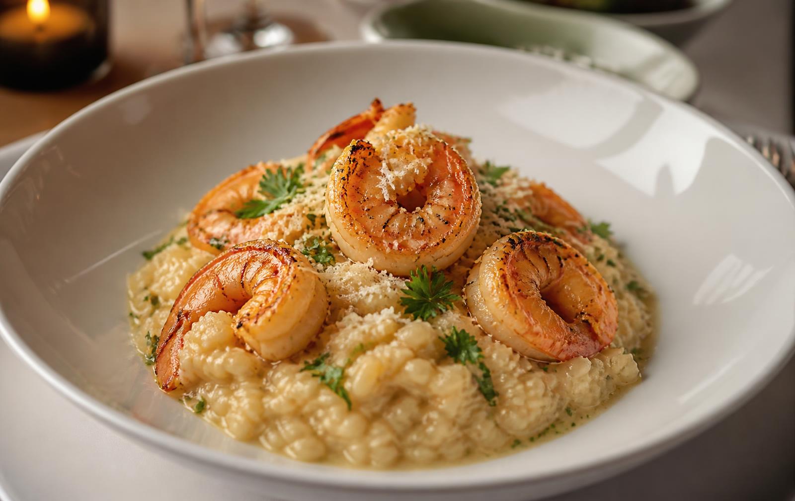 Risoto de camarão cremoso servido no Restaurante Bahiamarela